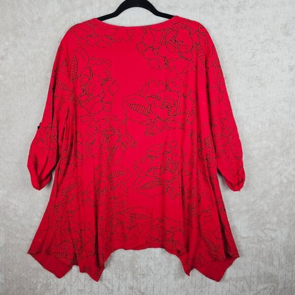 Ali Miles Blouse XL Artsy Lagenlook Floral Toggle Classic Retro Timeless Red - Picture 6 of 8